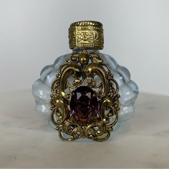 Other - Miniature Glass Perfume Bottle Vintage Ornate Brass Purple Rhinestone Twist Cap